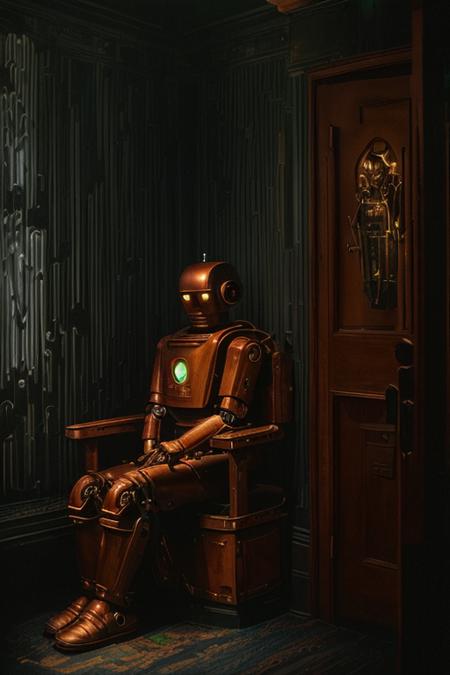 photo of [25 yo Anna:robot:10], [fine art | street], (highly detailed face), (private club, wood furniture), (sitting in the entryway), (dark and moody light:1.4), disappointed <lora:epiNoiseoffset_v2:1>
