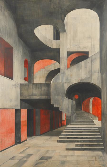 masterpiece,best quality,<lora:tbh312-sdxl:0.9>,illustration,designed by Adolf Loos Brutalist concrete university campus with geometric shapes and exposed materials