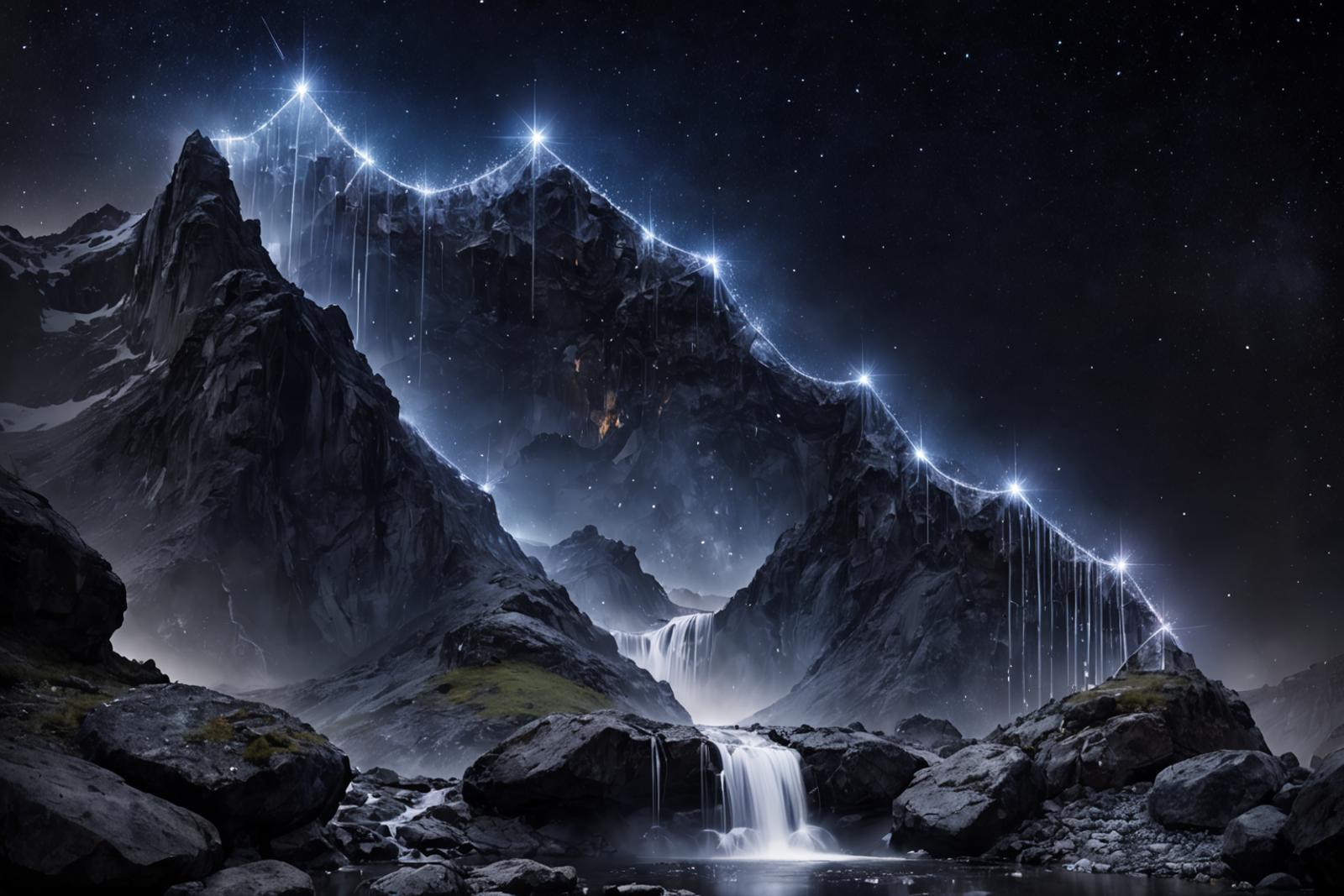 A majestic waterfall cascades down a mountain at night, illuminated by the stars.