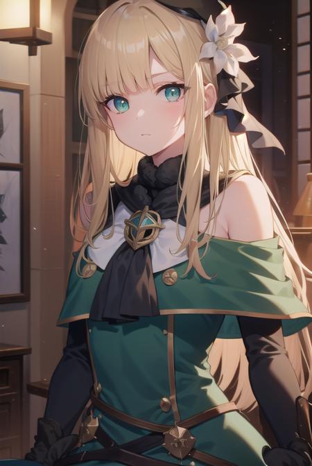 fgoreines, <lyco:reines-lyco-nochekaiser:1>,
reines, blonde hair, (green eyes:1.5), long hair, bangs, blunt bangs, (small breast:1.2),
BREAK beret, black headwear, black ribbon, blue dress, brown gloves, dress, flower, fur collar, fur trim, fur-trimmed sleeves, gloves, hair flower, hair ornament, hair ribbon, hat, long sleeves, ribbon, rose, tilted headwear, white flower, white rose,
BREAK looking at viewer,
BREAK indoors,
BREAK <lyco:GoodHands-beta2:1>, (masterpiece:1.2), best quality, high resolution, unity 8k wallpaper, (illustration:0.8), (beautiful detailed eyes:1.6), extremely detailed face, perfect lighting, extremely detailed CG, (perfect hands, perfect anatomy),