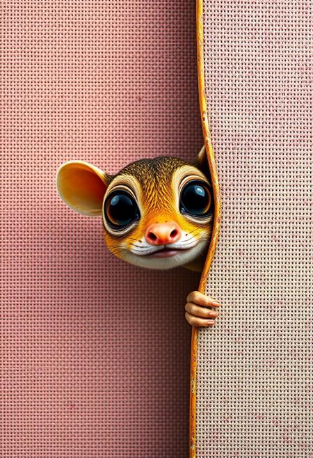A whimsical creature peeks into the right side of a vertical canvas, its large, curious eyes staring directly into the frame as if observing the viewer. The frame itself appears to bend slightly, reacting to the creatureâs playful presence, creating the illusion that itâs part of the scene, Vibrant Glow