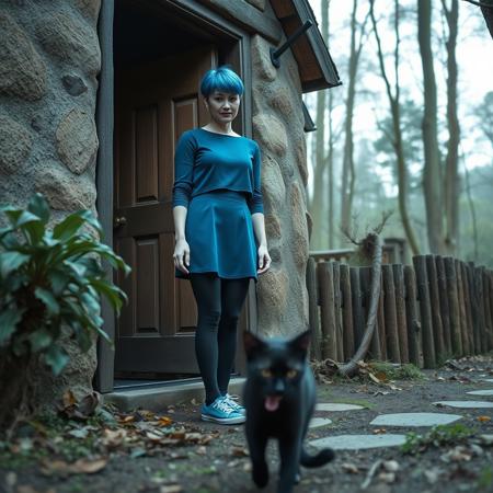 high quality, 8K Ultra HD. at a woodland cottage a woman with short blue hair stands at the front door, she is wearing a blue crop top, blue mini skirt, black stockings and blue sneakers. She is looking upset as a black cat walks away from her. long shot, deep focus, eye level view