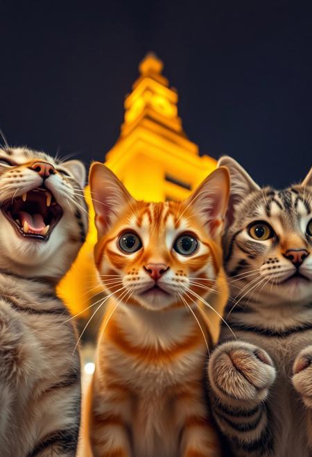 "A captivating close-up selfie of three domestic felines, taken at night with a prominent, warmly lit, iconic architectural structure in the soft-focus background. The cat on the left is a tabby, captured mid-laugh or enthusiastic meow, with its mouth wide open, conveying pure joy. The central cat, an orange tabby, looks directly at the viewer with wide, curious eyes and a slightly surprised or bewildered expression, its face perfectly framed. The cat on the right, a grey and white tabby, has a more serene and contemplative look, gazing calmly. The foreground is well-lit, highlighting the intricate fur details and distinct expressions of each cat. The background glow creates a beautiful bokeh effect, emphasizing the golden illumination of the distant landmark. The overall mood is whimsical and endearing, suggesting a playful and memorable moment shared by these furry companions."
highly detailed skin texture, soft lighting, photorealistic facial features, subtle makeup, beautiful and symmetrical face, expressive eyes, fine hair strands, dramatic shadows and contrast, realistic hands with natural pose and detailed fingers, glowing healthy skin, gentle blush, soft and dreamy background, slight bokeh, natural elegance, cute and youthful vibe, smooth curves and balanced body proportions, studio photography quality