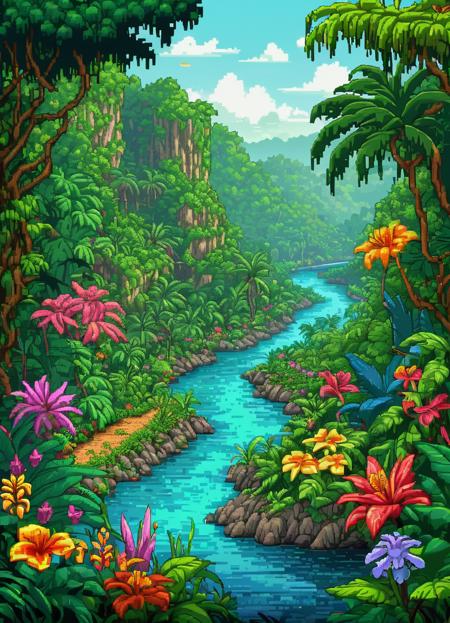 pixel art, jungle, river, flowers, extremely detailed, colorful