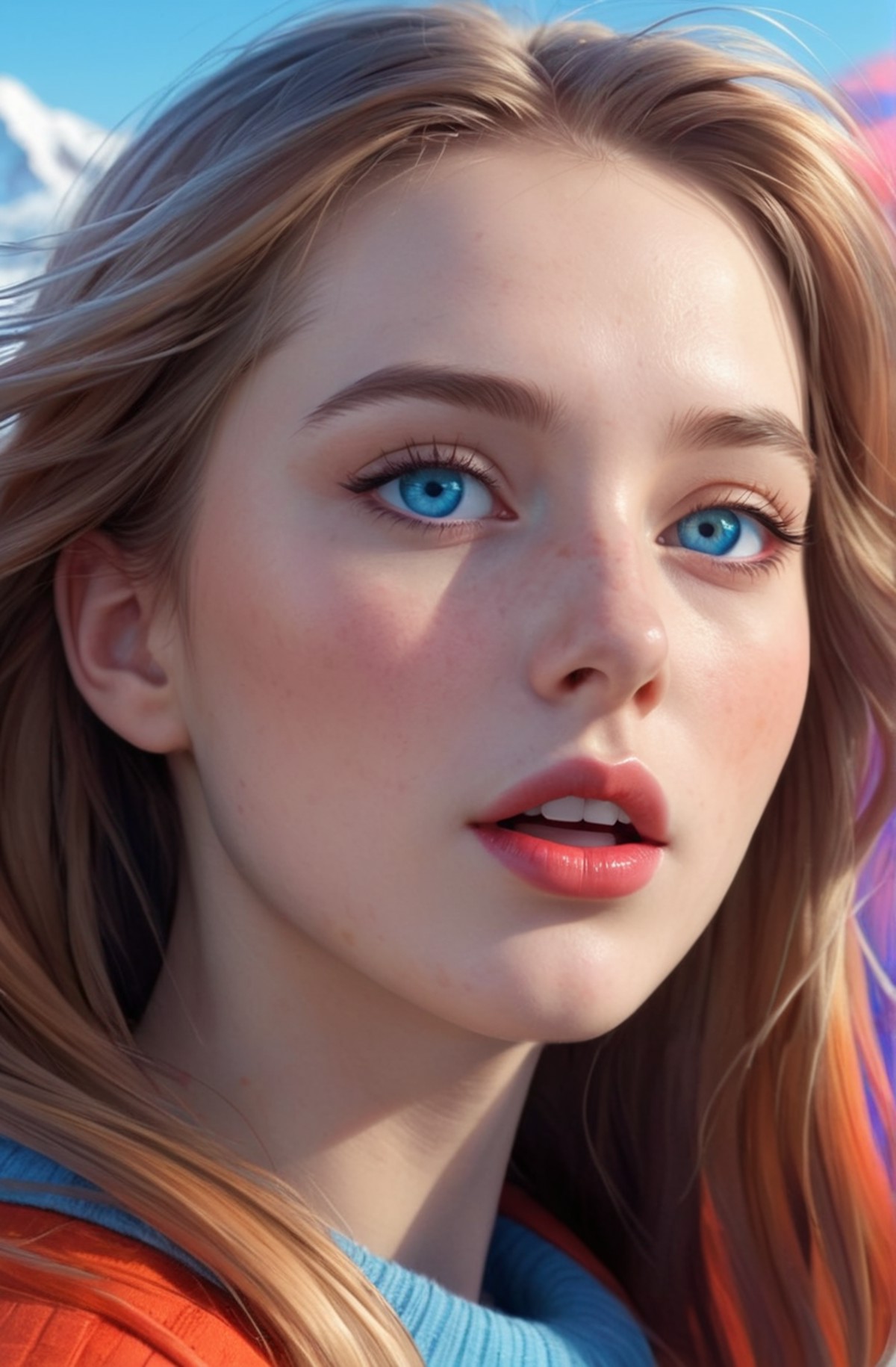 a young woman , detailed skin, ultra realistic, detailed fur, ultra colorful, multicolor, epic background, epic scene, act...
