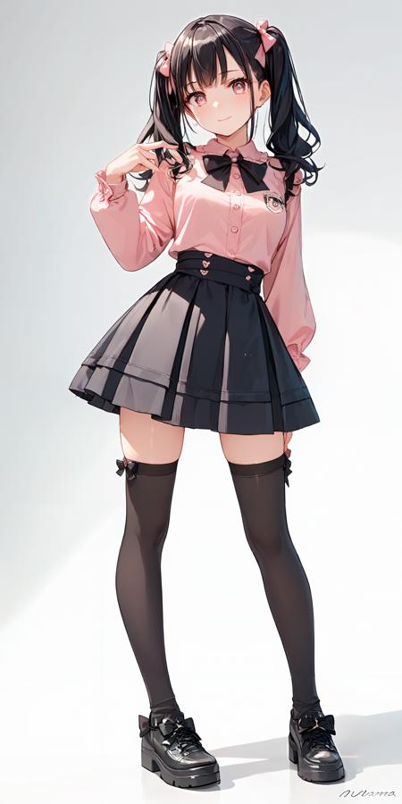 jirai kei pink shirt black skirt twintail thighhighs