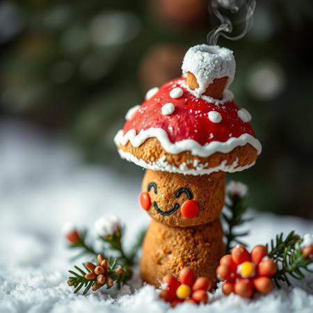 photo, selective focus, miniature effect, bokeh, highly detailed, vibrant, perspective control, natural tilt shot, christmas mushroom made of ginger bread with chimney on its head, g macro photography, (enchanting:1.3), (luminous:1.2), (oversized flora:1.1), mystical, magical, vibrant photography, shimmering light, dreamy, whimsical, serene, soft-focus, hyper-detailed digital art, made of flowers, 2 mushrooms, smile, snow, winter, snowfall, conifers, ginger bread, sexy little red riding hood Lindsey Stirling, mushroom with smoking chimney