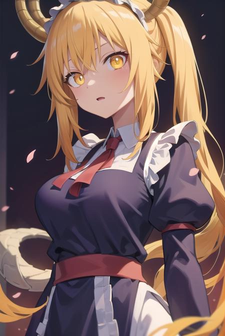 dragontohru, <lora:tohrutest:1>, tohru, blonde hair, dragon girl, dragon tail, fang, hair between eyes, horns, large tail, long hair, scales, tail, twintails, (yellow eyes:1.5), slit pupils,
BREAK bow, frills, maid, maid headdress,
BREAK looking at viewer,
BREAK outdoors, city,
BREAK <lora:GoodHands-vanilla:1>, (masterpiece:1.2), best quality, high resolution, unity 8k wallpaper, (illustration:0.8), (beautiful detailed eyes:1.6), extremely detailed face, perfect lighting, extremely detailed CG, (perfect hands, perfect anatomy),