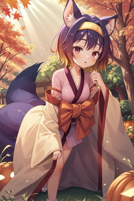 <lora:izuna v2:1> hatsuse izuna, short hair, wide sleeves, sarashi, yellow hairband, tabi, short kimono, gradient hair, fox tail, 1girl leaning forward, cozy autumn garden, orange leaves, pumpkins on display, crisp autumn air, sunbeams shining through trees.