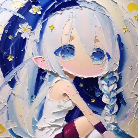 <lora:cute_oil:1>  chibi, cute oil , oil painting \(medium\), brush stroke, art brush, bare shoulders, blue eyes, braid, canvas \(object\), crystal, dress, elf, long hair, paintbrush, painting, pale color, pointy ears, scenery, see-through, silver hair, sitting, skirt, solo, surreal, thighhighs, twintails, white hair, zettai ryouiki