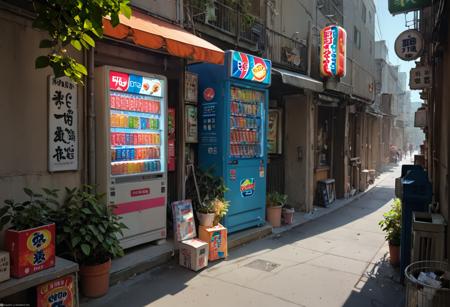 ruanyi0727,outdoors,alley,vending machine,lantern,storefront,utility pole