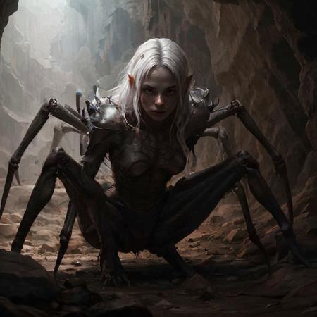 highly detailed photo of a drider in a cave,
1girl, solo:1.2, no humans, 
(spider legs, arthropod limbs, multiple legs):1.25,

long hair, 
white hair, armor, colored skin, cave,

looking at viewer,
detailed elven female face, arachnid body has spider legs,

realistic:1.0, depth of field, blurry, blurry background,

light and dark,
silhouette lighting,
best quality, intricate details,







