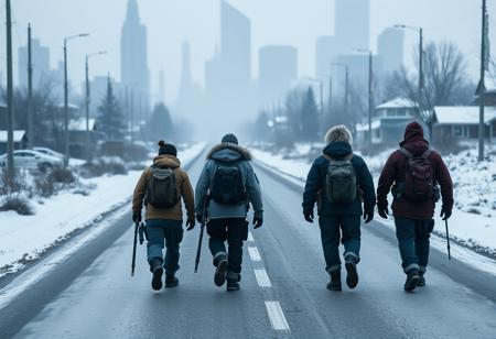 Four survivors walking down road away from a city with snow. No text.