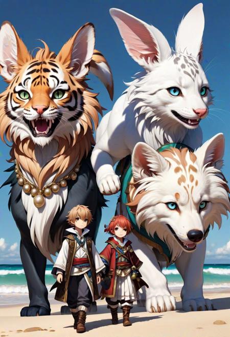 5 Children with different animal instead of human ears and slight animal features playing happily on a beach of pearls in a fantasy world.
