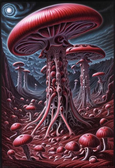 The extraterrestrial mushrooms field at the cosmic valleys of doom under Saturn shadow of blood, oil painting, horror, by george dawe, my m.c.escher, by h.r.giger