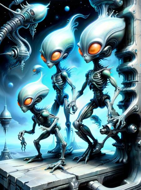Acrylic Painting a vivid scifi fantastical surrealism illustration of the little funny aliens standing on a ledge in the middle of a space in the style of Hans Rudolf Giger
 <lora:xl_more_art-full_v1:0.5>  <lora:DonMFmaXL:0.7> DonMFmaXL <lora:EnvyGreeblesXL01:1>