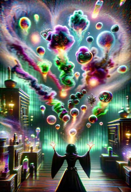 hyper detailed semi realistic 2.5D digital art masterpiece, dynamic, awesome quality,  female biowitch, control over quantum particles and reality, robotpunk  potion magic myriad of tiny swirling vials filled with liquids of every imaginable color, glowing softly, each vial emits a unique pattern of sparkles or smoke, representing the intricate and varied effects of potion magic, air is filled with a symphony of subtle, enchanting scents, hinting at the powerful transformations contained within each concoction <lora:DonMM4g1cXL_v1.2:0.8> DonMM4g1cXL,  <lora:Perfect Hands v2:0.8> Perfect Hands