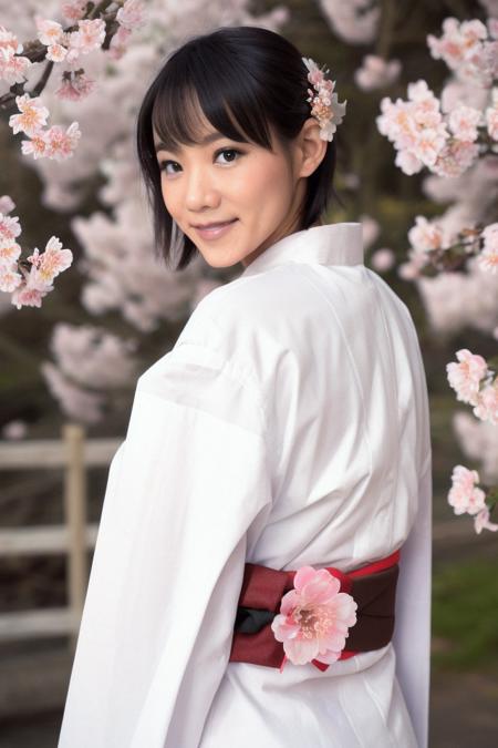 masterpiece, 8k, uhd, high quality, absurdres, visible skin pores, hair details, skin imperfections, fabric detail, depth of field,  outdoors , (shibuyakaho), (blurry background), (mole) (smile), upper body, short hair, bangs, saggy breasts,  furisode, cherry blossoms, upper body, closeup, from behind, looking back, looking at viewer, <lora:ShibuyaKahoV1:1>,<lora:gyaru_grin_v1.0:0.2><lora:furisode:0.5> <lora:lit:0.1>, 