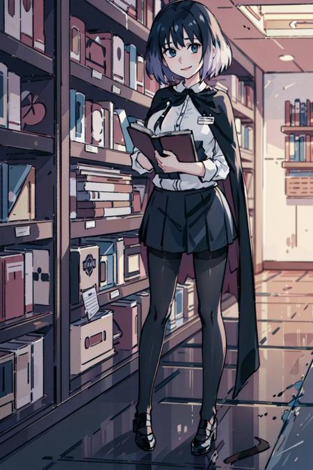 (masterpiece:1.4), (best qualit:1.4), (high resolution:1.4), kaisa, sleeveless sweater, long sleeved shirt, cape, skirt, pantyhose, black shoes, looking at viewer, nameplate, smile, library, holding book, <lora:kaisa_v1:1>