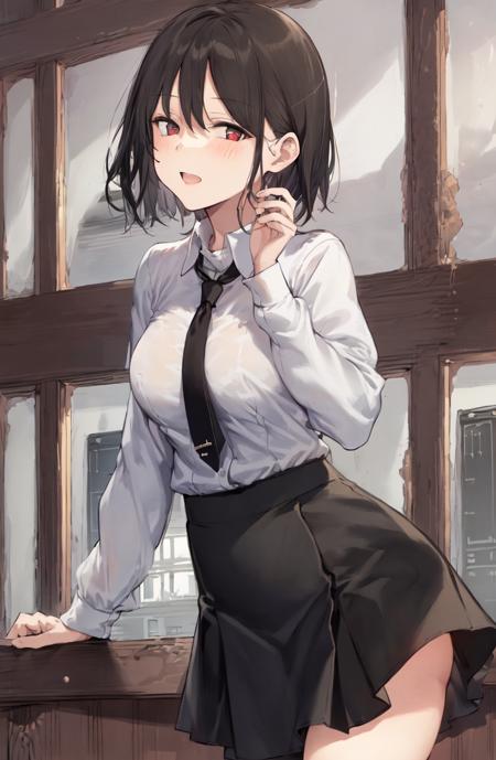 1girl, solo, best quality, dynamic pose, school uniform, collared shirt, (white shirt:1.25), (black skirt:1.25), pencil_skirt, (miniskirt:1.25), black necktie, black hair, black eyes, short hair, classroom, indoor, <lora:DYG-000001:0.7>