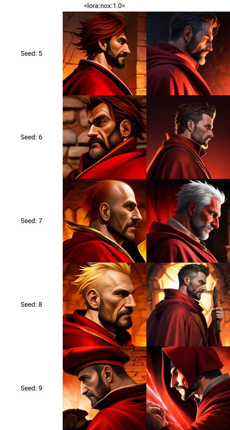 <lora:nox:1.0>. A man. Mage's cape with and mage's red robe. Semi-profile.Light wall background. Portrait of a RPG character. Extreme close up.