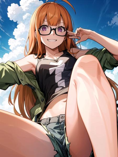 masterpiece, best quality, highres, extremely detailed CG unity 8k wallpaper, realistic shadows,
dsfutaba, orange hair, long hair, blunt bangs, ahoge, glasses, purple eyes, mischievous grin, tank top, jacket, shorts, 1girl, solo, sitting, from below, foreshortening,
clouds, sky, detailed background
<lora:dsfutaba_e2:0.75>