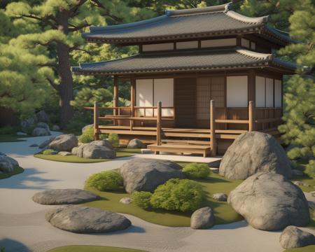 (masterpiece),(best quality),super detailed,realistic,(photorealistic),8k,(sharp focus),photo like renderings,Photo like image quality,Realistic rendering,(extremely detailed CG unity 8k wallpaper),(ultra-detailed),(best illustration),(best shadow),a garden with a rock path and trees in it and a rock bridge in the middle of the path,tree,forest,nature,scenery,bush,grass,outdoors,no_humans,day,road,plant,path,tea house,<lora:LAttezen_garden_new_V2:0.7>,