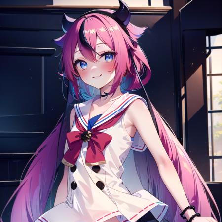 meikahime blue eyes twintails pink blue multicolored very long gradient hair hair flaps black horn hairband bracelet white sailor collar white sleeveless shirt black buttons red bowtie red hakama miniskirt bare shoulders