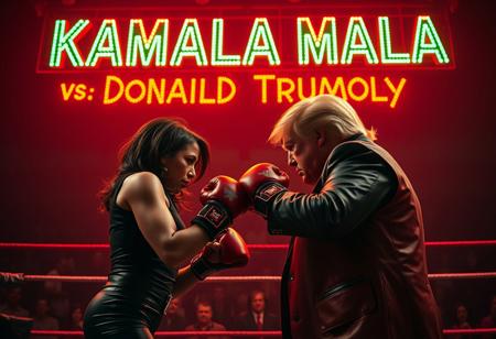 “Kamala Harris and Donald Trump in a dramatic, Tarantino-inspired showdown within a gritty wrestling ring. The scene is bathed in the warm, cinematic glow of Panavision Prime cine lenses, capturing deep contrasts and striking color science. Above the fighters, a massive neon sign in intense orange and green letters reads ‘KAMALA MALA Vs. Donald Trumpoly,’ casting an eerie, retro glow over the ring. Kamala, in sleek, dark boxing attire, and Trump, in a flamboyant wrestling outfit, face off with fierce, determined expressions, their poses reminiscent of classic Tarantino tension. The lighting is moody, with a focus on gritty textures and rich tones, giving the scene a suspenseful, high-stakes energy.”