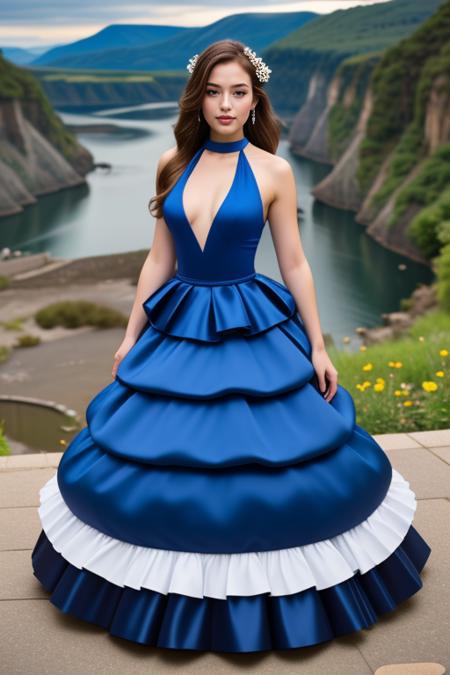 1 woman, 22yo, (realistic, masterpiece, high detailed skin:1.2) (looking at viewer, full body shot, scenic view, long hair:1.2)
<lora:Blue_Halter_Gown_By_Stable_Yogi:1>
blue halter ball gown, waist bow, elbow gloves