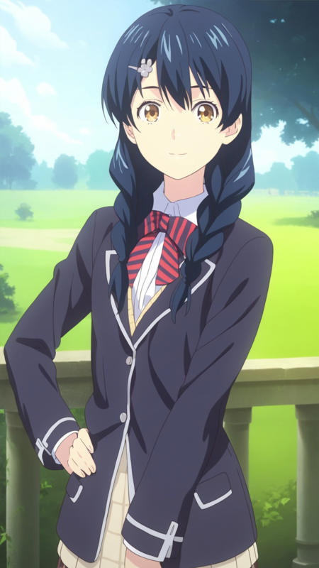 megumi_tadokoro megumi_tadokoro, an anime girl,  1girl, solo, long hair, looking at viewer, hair ornament, bow, school uniform, blue hair, yellow eyes, braid, hairclip, twin braids megumi_tadokoro, an anime girl,  1girl, solo, long hair, blush, black hair, hair ornament, dress, brown eyes, braid, sky, hairclip, twin braids, dutch angle, night, star (sky), night sky, starry sky megumi_tadokoro, an anime girl,  1girl, solo, long hair, smile, open mouth, hair ornament, blue hair, yellow eyes, braid, hairclip, twin braids, spoon, chef,