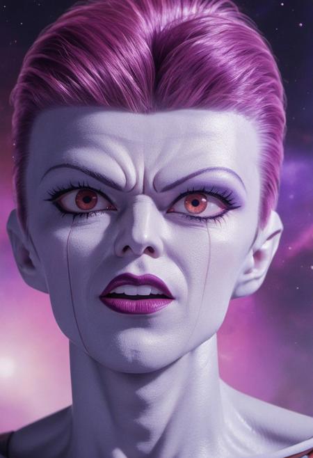 Frieza (100%), detailed face ,detailed eyes, Looking at the viewer,8k,high quality draw, (Namek Background:1.0)( David Bowie  face:1.2)mouth opened, (makeup ray David Bowie:1.2)