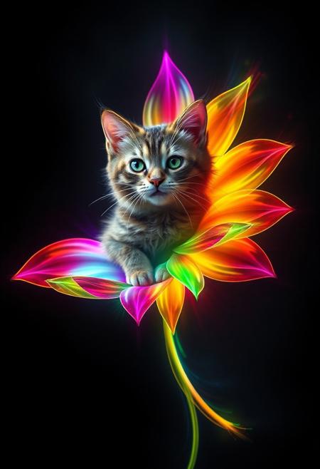 "Create a photorealistic image of the shape of a flower with multicolored petals, outlined with a vibrant, multicolored line, that swirl with a kaleidoscope of colors. The flower is the mane of a beautiful cat. Looking at the viewer. The surrounding environment is pitch black, with only the colorful flower and cat visible. The colors seem to be building up to a catastrophic release, as if the very presence of the flower is triggering a chain reaction of light and energy. The atmosphere is one of intense, impending destruction." Octane render, Highest-Quality, 8 k, intricate details, visually stunning, Masterpiece