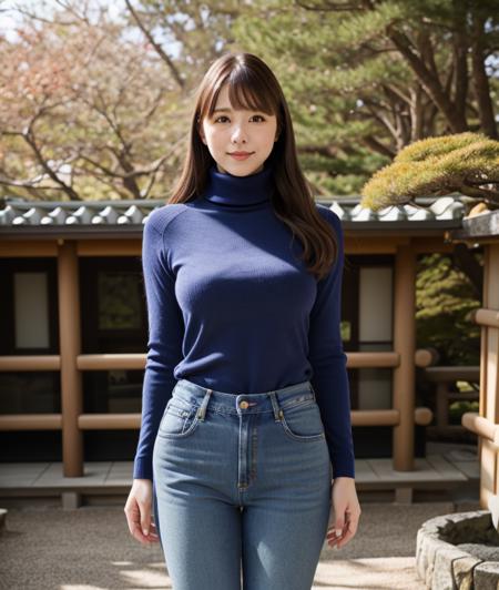 p1rop3, nature, outdoor, jeans, Turtleneck, Japanese garden, upper body, asian, smile 