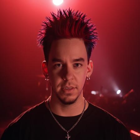 young Mike Shinoda, man, 20 years old, <lora:Mike_Shinoda_from_Linkin_Park:1>, solo, angry, evil face, black hair:1.2, red hair:0.2, goatee:0.5, earrings, spiked hair, wearing necklace, fog in the background, bright lights behind head, best quality, masterpiece, 4k