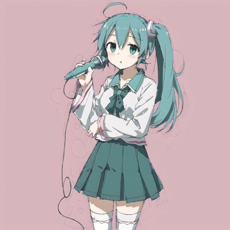 <lora:avas_jun_07-03--tsukumizu_yuu_005-095--ham_rifl_09-01:1>, 

blush, cosplay, crossover, detached sleeves, green eyes, hatsune miku \(cosplay\), long hair, magic circle, microphone, parody, pink hair, ponytail, skirt, solo, spring onion, thigh-highs, thighhighs, very long hair, zettai ryouiki, zoom layer, 1280x960