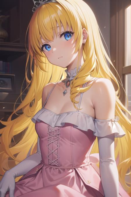 latifa fleuranza, (yellow hair:1.5), blue eyes, long hair, diadem, tiara, elbow gloves, gloves, white gloves, dress, frilled dress, long skirt, frilled skirt, corset, (pink dress:1.5),