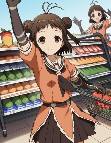 naka, short hair, brown hair, brown eyes, hair bun, double bun, antenna hair, naka (kancolle) skirt, gloves, school uniform, serafuku, elbow gloves,