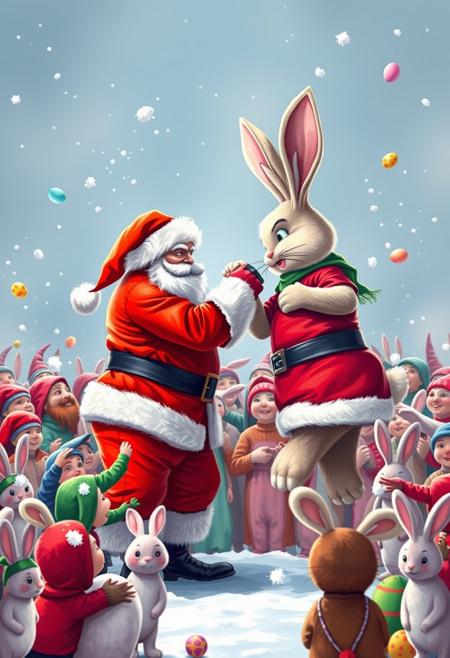 An image of Santa arm-wrestling the Easter Bunny. Both Santa and the Easter Bunny are trying extremely hard to win. The crowd is split into two groups. One is a group of santa's elves standing behind Santa. The other is a group of bunnies standing behind the Easter Bunny. The group of elves are throwing snowballs at the group of bunnies. The group of bunnies are throwing Easter eggs at the group of elves. The bunnies and the elves do not like each other.