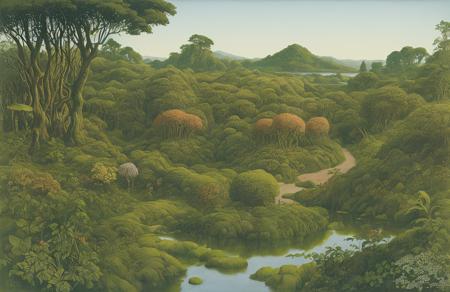 style of Roger Dean, hedgerow,hacienda ,arboretum ,clump , Wetland ,