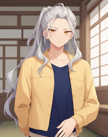 ran_nagisa_pony, grey hair, yellow eyes, very long hair, ponytail,