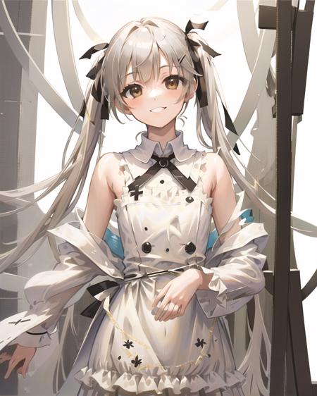 detailed,masterpiece,ultra-detailed,(solo),(1girl),(Delicate eyes),(white background:1.3), kasugano sora , twintails,hair_ribbon,ribbon, very_long_hair,brown eyes,silver hair,(standing:1.2), (white dress:1.2),smile,