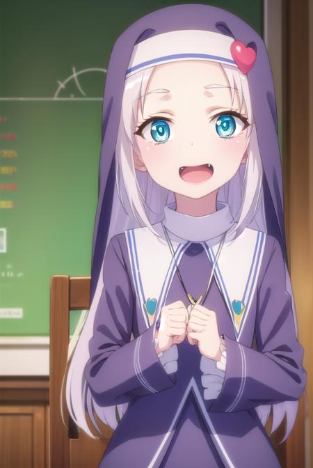 mariatakayama, <lora:maria takayama s2-lora-nochekaiser:1>,
maria takayama, long hair, blue eyes, fang, aqua eyes, smile, open mouth,
BREAK jewelry, heart, necklace, nun, habit,
BREAK indoors, classroom,
BREAK looking at viewer, (cowboy shot:1.5),
BREAK <lyco:GoodHands-beta2:1>, (masterpiece:1.2), best quality, high resolution, unity 8k wallpaper, (illustration:0.8), (beautiful detailed eyes:1.6), extremely detailed face, perfect lighting, extremely detailed CG, (perfect hands, perfect anatomy),