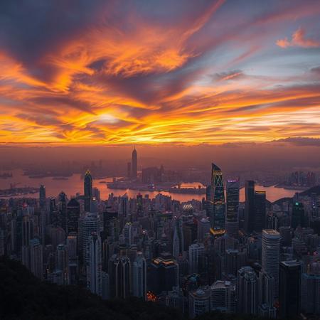 Breathtaking Hong Kong skyline at sunset captured from Victoria Peak as golden light bathes the dense forest of skyscrapers, harbor waters reflect the city lights, and the dramatic sky transitions from vibrant oranges to deep blues while day surrenders to the emerging glow of the metropolis below.