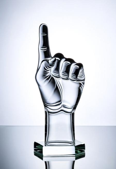 A clear glass sculpture of a raised fist showing the middle finger