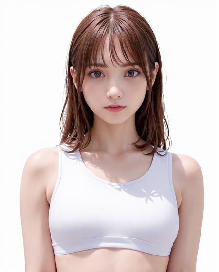 best quality, photorealistic, 8k, high res, 1girl, woman, (skindentation), (portrait:0.6), gorgeous, ((whitebackground, sport tanktop, small breast:1.65)), (long brown hair, parted bangs:1.4), looking at viewer,  (1girl eyes looking at viewer:1.6), photorealistic, (bokeh), (closed mouth, smile:1.3), gorgeous, pureerosface_v1:1, <lora:grav-nashiko:0.45>