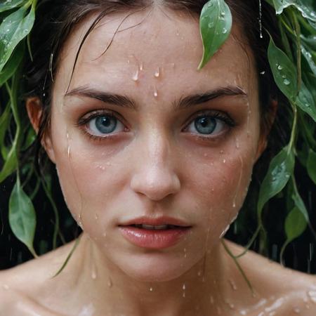 stylized by Igor Morski, Meghan Howland and Lewis Morley, artistic Architectural Digest of a close up of a Energetic (Larissa:1.3) , Anime Eyes, desolate foliage, sharp, focussed, Kodak UltraMax 400, F/1.8, "Raindrops cascade, nature's tears baptizing the earth, nourishing the seeds of rebirth and growth.", pixiv
