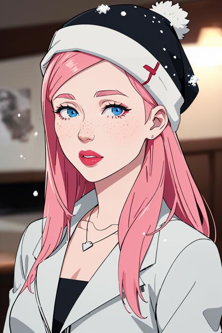 (masterpiece, best quality:1.2), <lora:invincible:.9>, invincible, 1girl, solo, beanie, necklace, hat, jewelry, blue eyes, blurry, pink hair, red lips, realistic, blurry background, parted lips, long hair, looking at viewer, jacket, lips, freckles, snowing, snow,