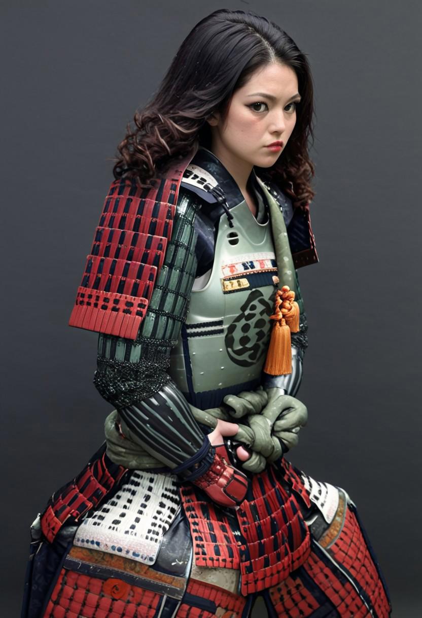 <lora:Ars_Niji_Style_SDXL:1> ArsNijiStyle, samurai battle, The image is an illustration of a woman dressed in traditional Japanese clothing. The woman is wearing a white dress with a green belt and a red scarf around her waist. She has long dark hair that is styled in loose waves and is looking off to the side with a serious expression on her face. The background is a red circle with Japanese characters written in black. The overall style of the illustration is reminiscent of a samurai or samurai warrior., 1girl,weapon, sword, breasts, armor, facial hair, black hair, stubble, japanese clothes