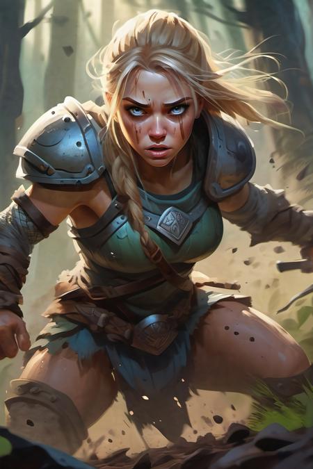 [by Riot Games artwork:by legends of runeterra artwork:20]
detailed digital painting, [digital illustration:: 0.65], oil painting, action shot, bokeh
low angle, dynamic pose, glare of irritation,(big eyes:0.8), gloom
a woman, viking warrior
forest, muddy ground at feet